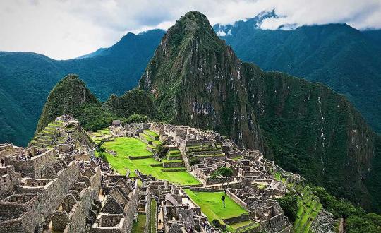 Ancient stone ruins of Machu Picchu high in the Andes mountains